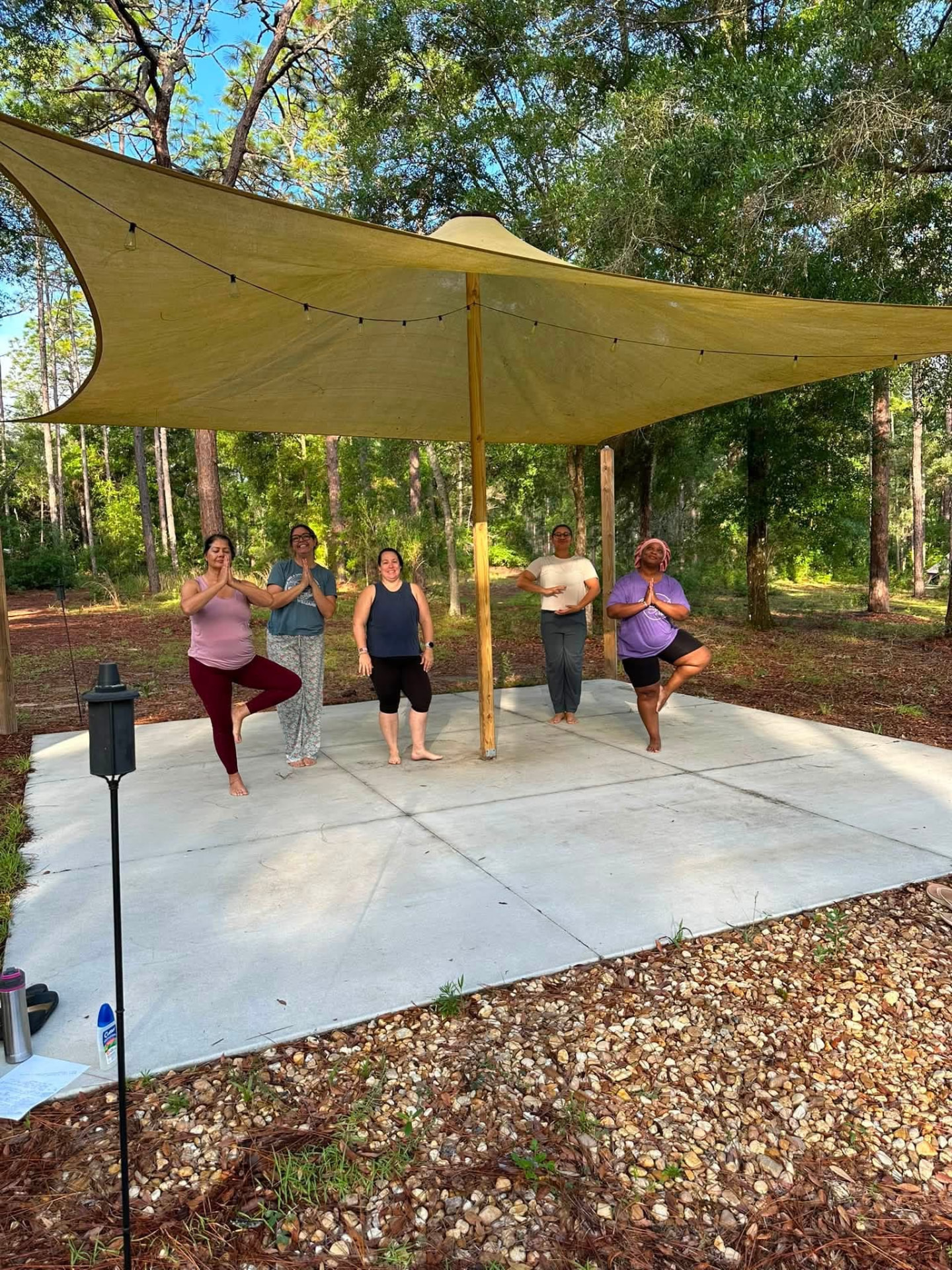 Morning movement on the open-air yoga platform