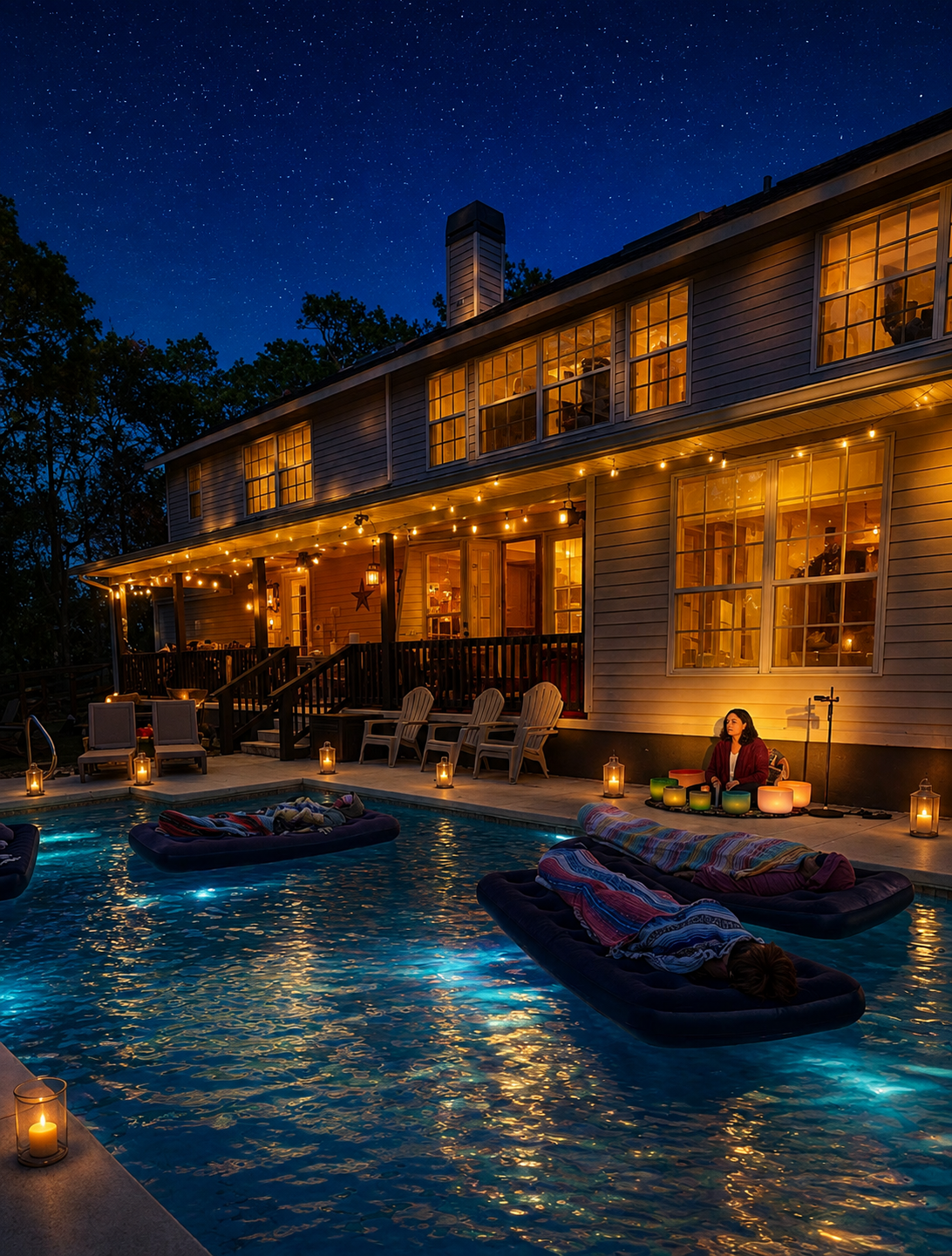 Full Circle Retreats pool at night, glowing with string lights and floating sound bath