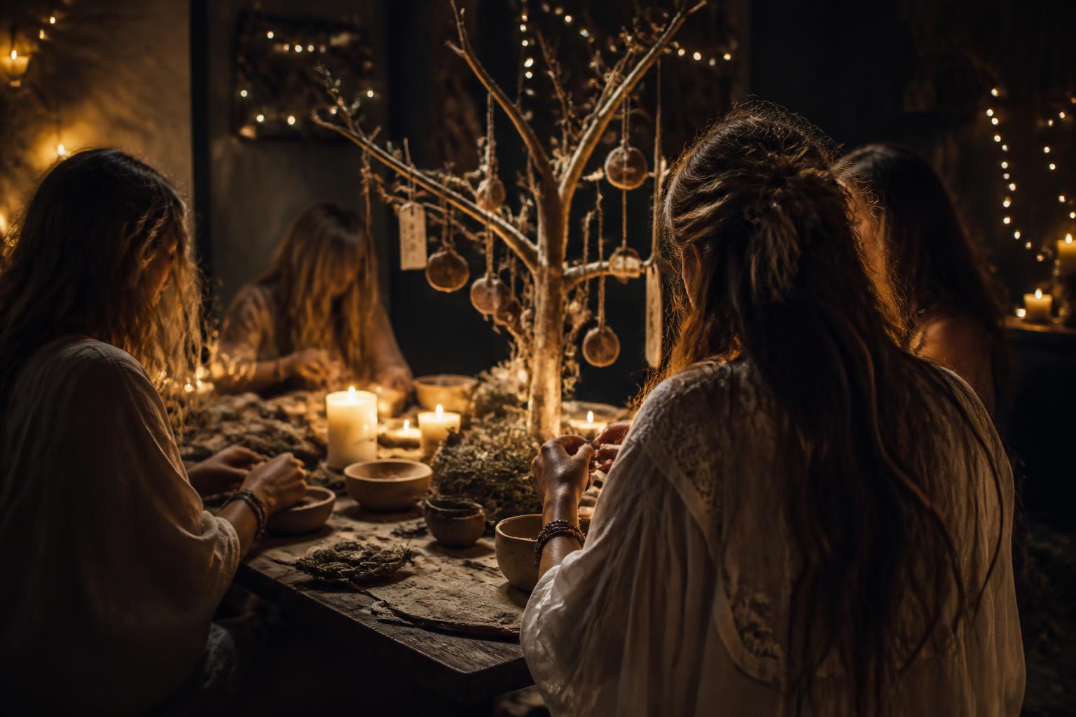 Women creating a Dream Tree with branches and candlelight