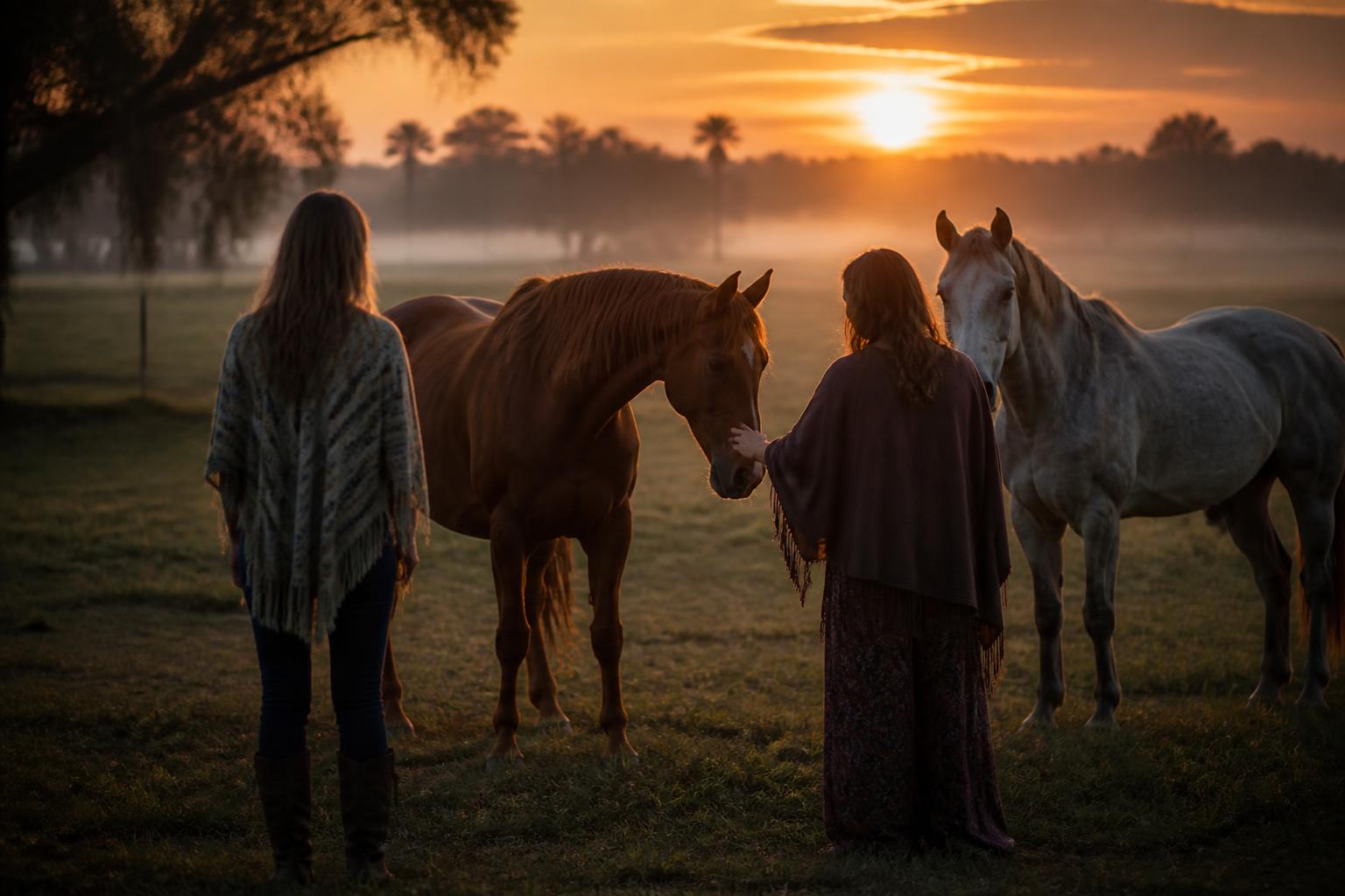 Women gently connecting with rescue horses at dusk